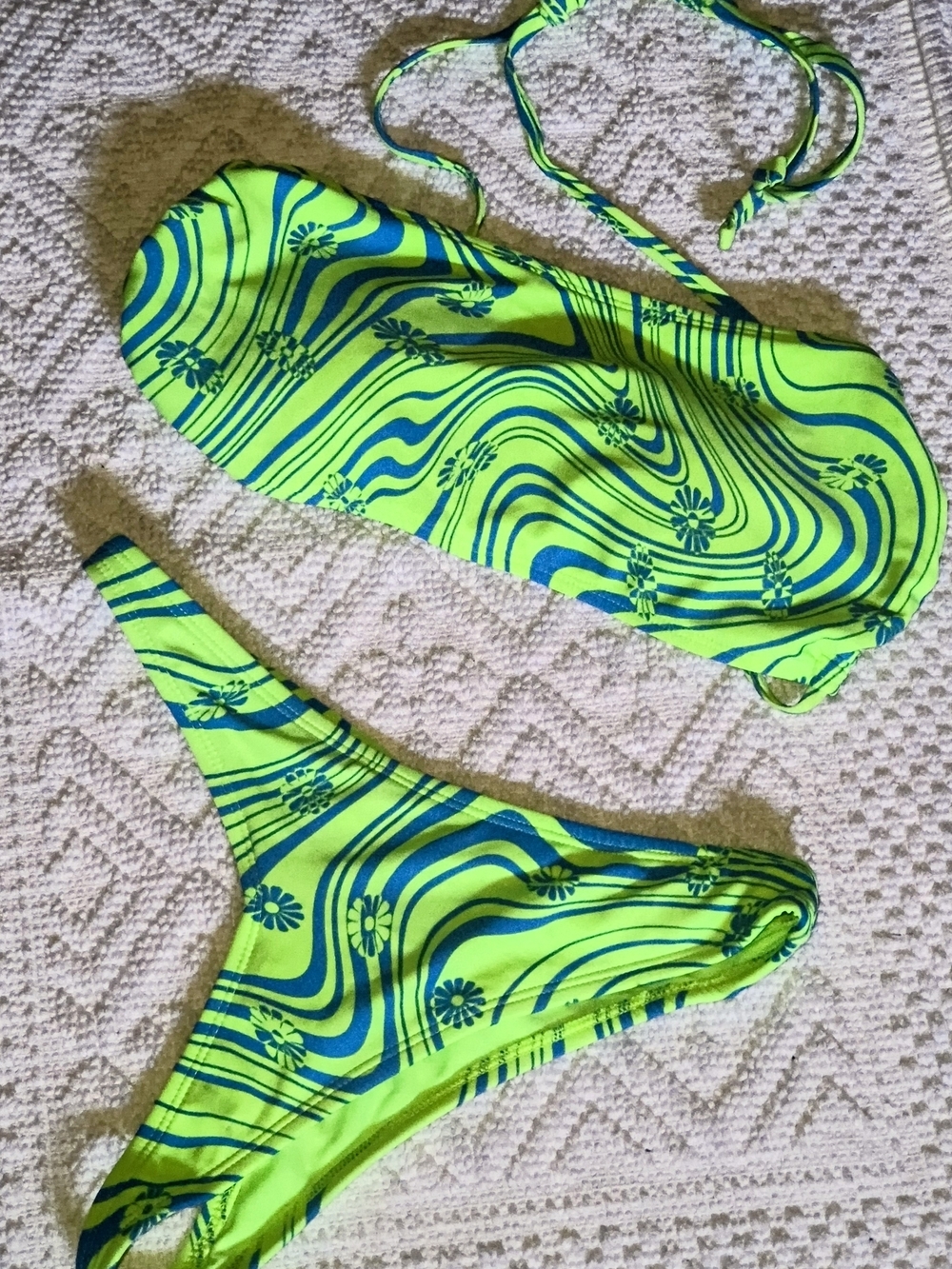 Neon Green Blue Floral Wave Bikini Set